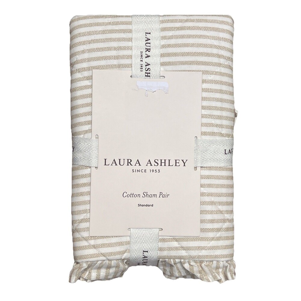Laura Ashley Oxford Stripe Beige Cotton Sham Pair Standard Pillow Ruffle Trim